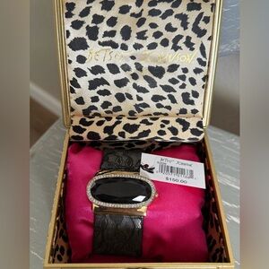 Betsey Johnson Gold-Tone Watch with Black Faceted Stone and Crystal Halo